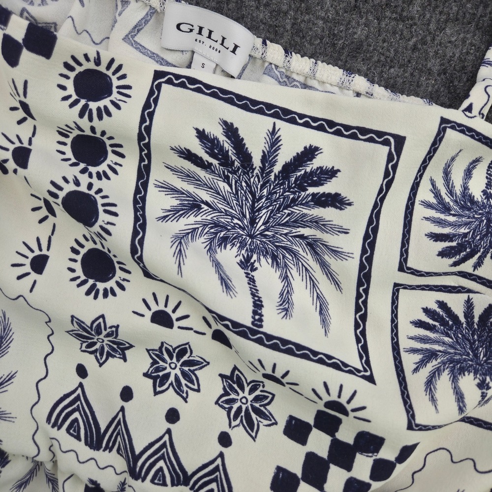 Gilli Women Small Blue White Tropical Palm Print Tie Strap Peplum Cami Boho Top